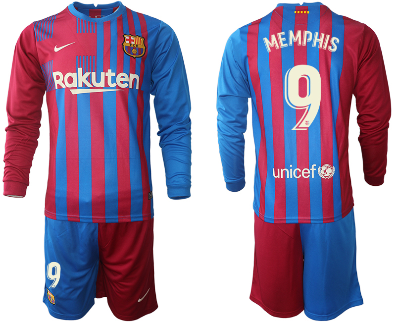 Men 2021-2022 Club Barcelona home red blue Long Sleeve #9 Nike Soccer Jerseys